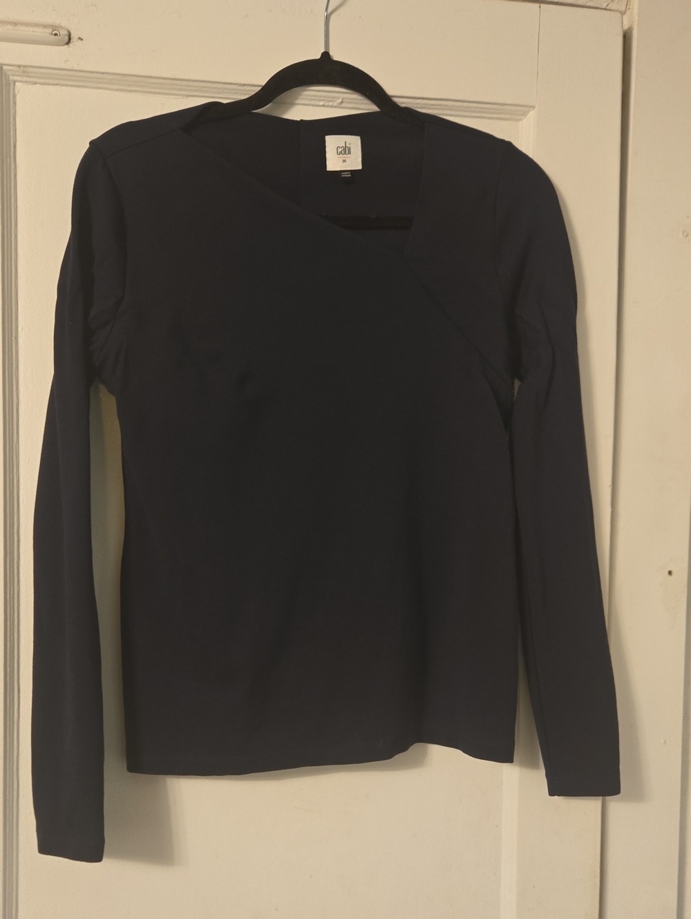 CAbi Contessa Crossover T-shirt In Deep Navy,  Long Sleeve, And Asymmetric Neck
